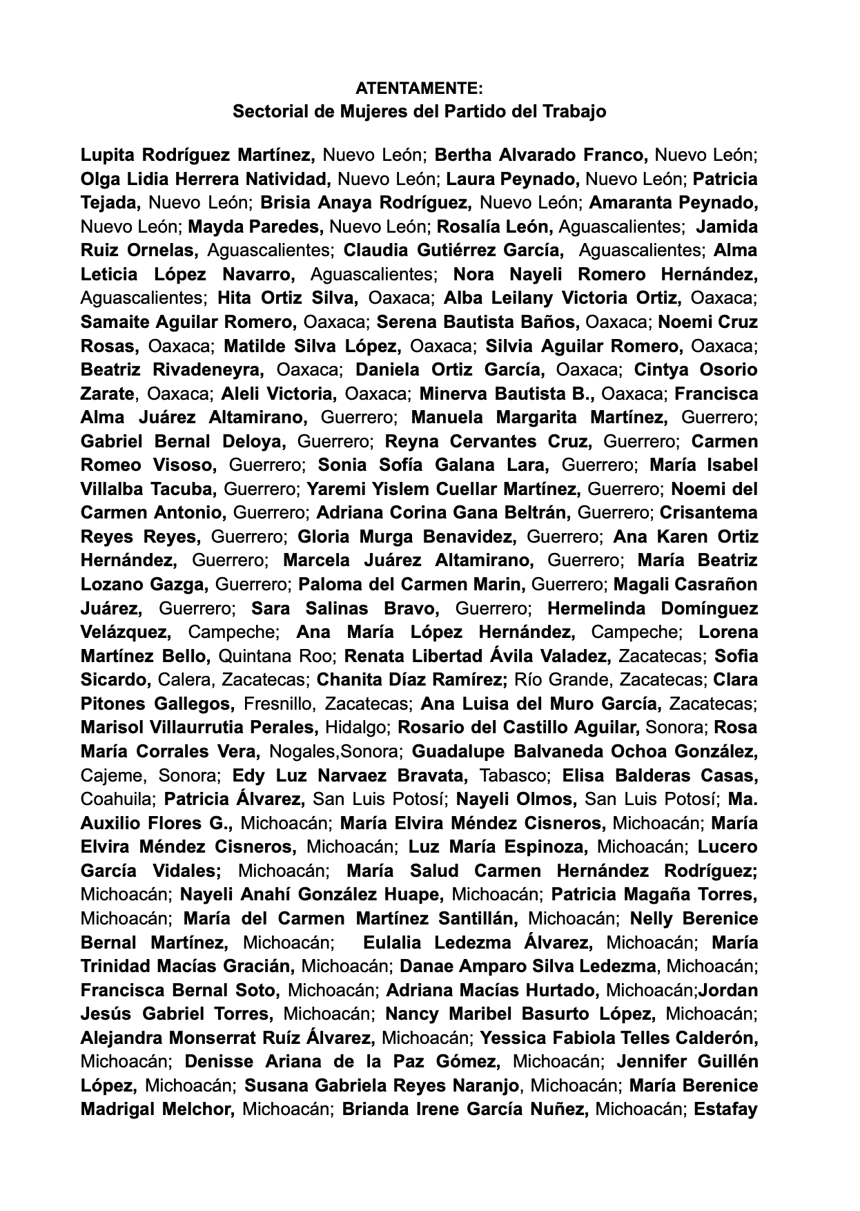 Pronunciamiento de la Sectorial de Mujeres, pagina 1
