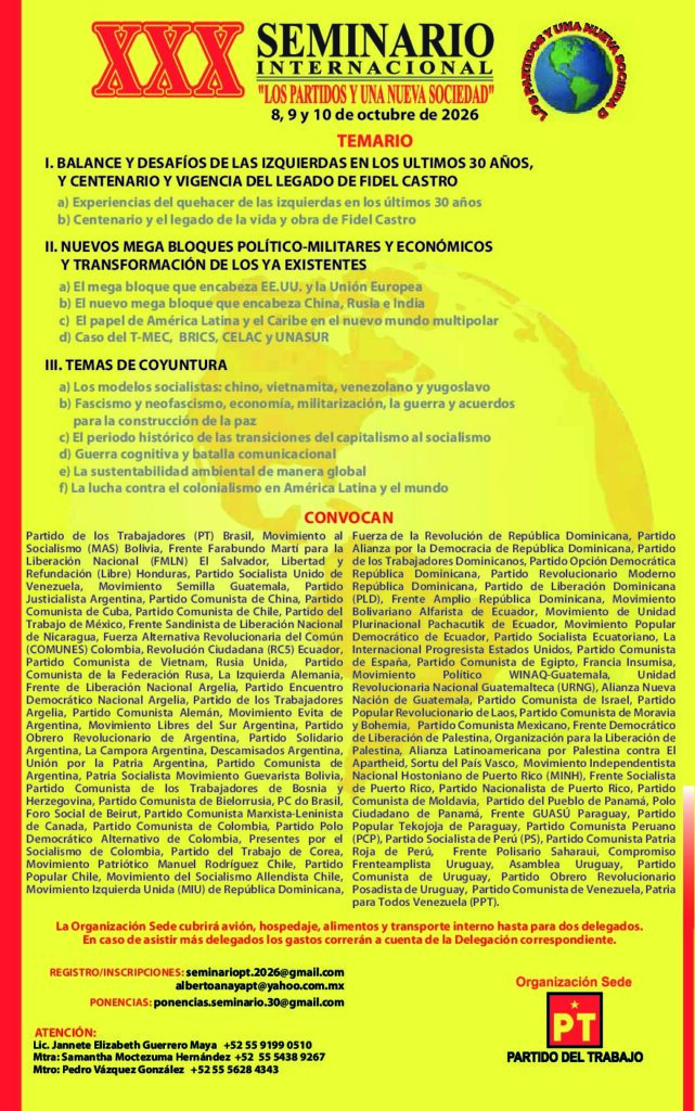 Convocatoria oficial del XXX Seminario Internacional del Partido del Trabajo, 8, 9 y 10 de octubre de 2026